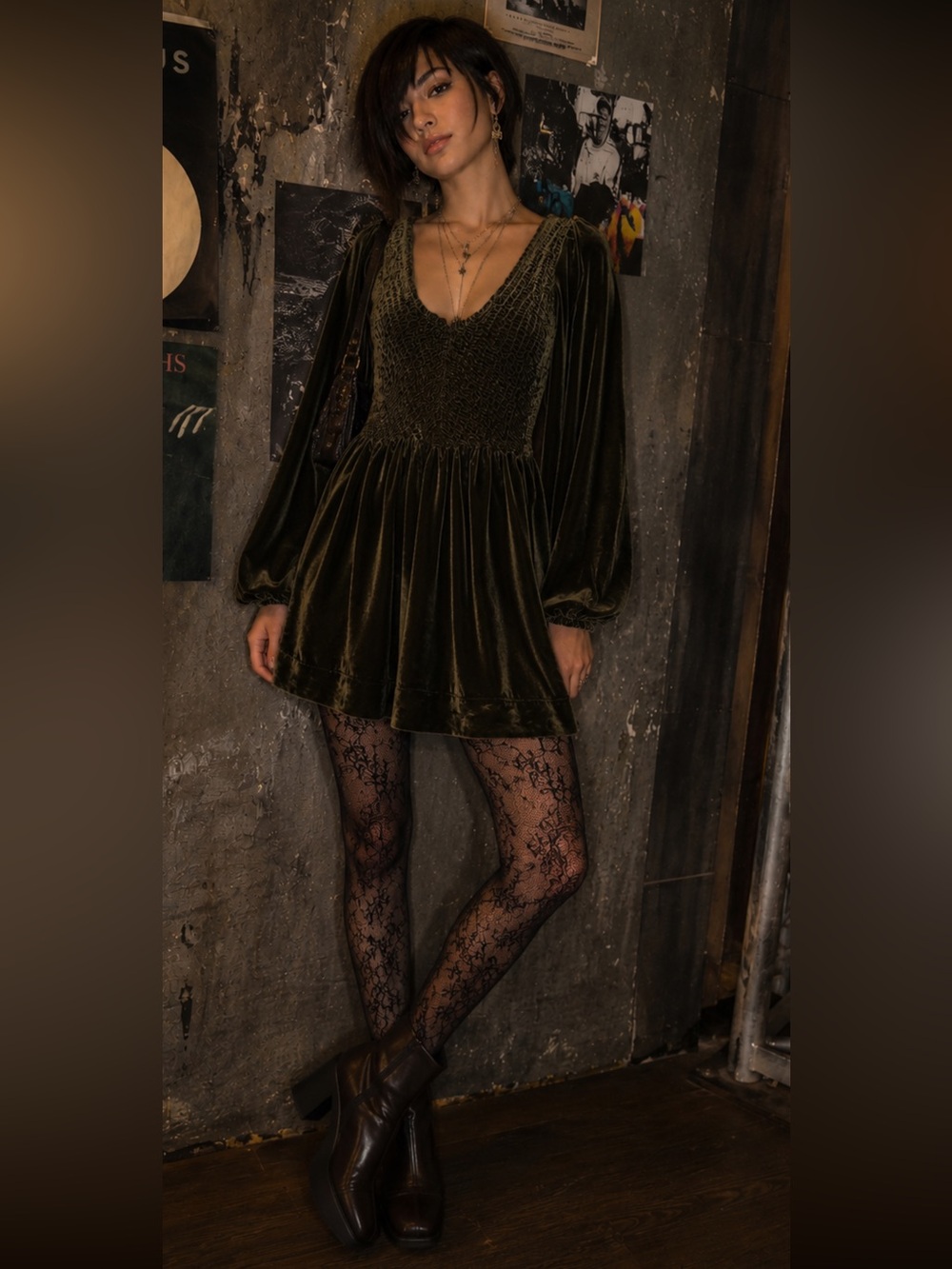 Free People Olive Green Velvet Smocked Mini Dress